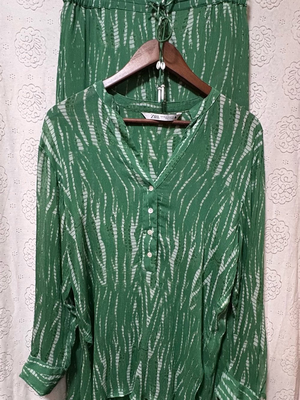Zara Matching Green Printed Viscose Top & Wide Leg Pant Set XS Resort Vacation
